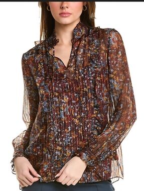 Harlan Lafayette 148 Sheer Pintuck Ruffle Blouse - Brown Multi